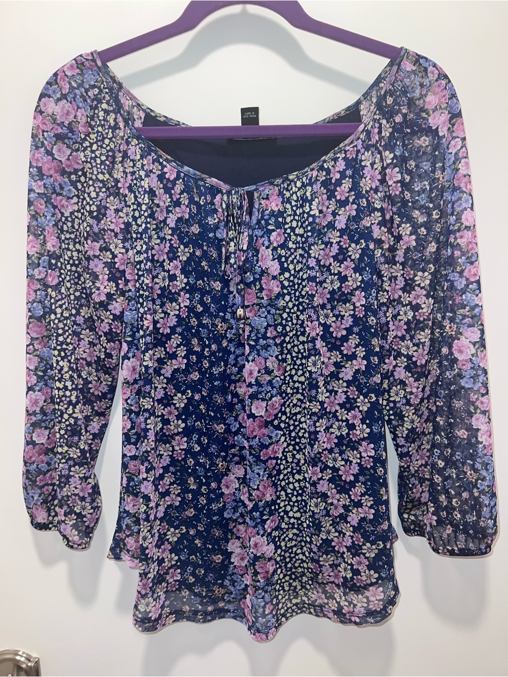 BCX Navy Floral Scoop-Neck Blouse with Pink Flowers